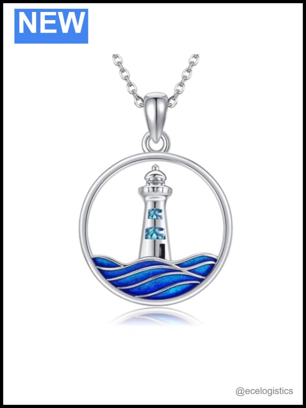 Sterling Silver Lighthouse Pendant Necklace Simulated Turquoise